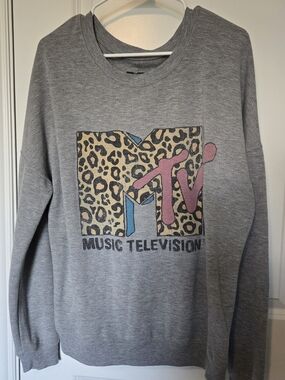 MTV Vintage Style Leopard Print Logo Grey Crewneck Sweatshirt Size XL
